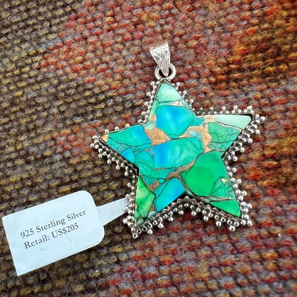 ❤️ Green Dahlia Kingman Turquoise Decorative Star 925 Statement Pendant 15.1 Gm - Picture 14 of 17
